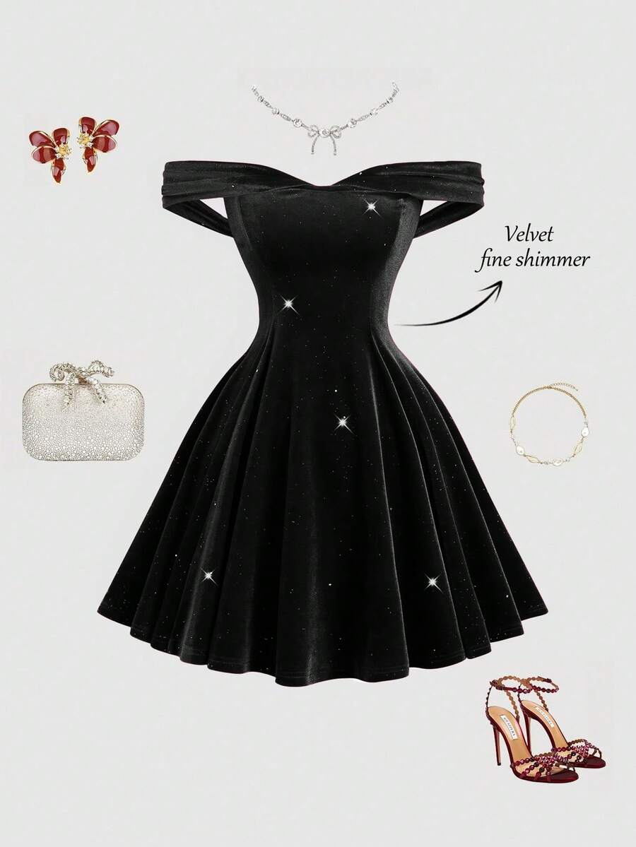 Sweetra Petite 女士露肩派对鸡尾酒迷你连衣裙，适合宴会、派对、日常穿着，秋冬季款 - 黑色 - 查看 1