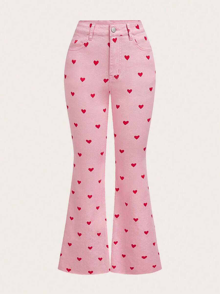 SHEIN MOD Women's Heart Pattern Pocket Casual Flare Leg Jeans
