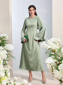 Al Najma 女士圆领水钻装饰喇叭袖优雅阿拉伯风格连衣裙 - 綠色 - 查看 4