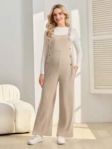 SHEIN 孕妇休闲罗纹无袖连体裤 - 杏色 - 查看 3