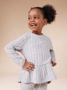 Conjunto de top con volante de punto acanalado y leggings a juego SUMWON, de manga larga, cuello redondo y bajo acampanado, conjunto de dos piezas casual para vacaciones - Gris - Ver 3