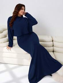 Solflare Conjunto Elegante Feminino de 2 Peças com Vestido Azul Marinho Sem Mangas e Jaqueta de Manga Longa, Outono/Inverno, Plus Size - Azul Marinho - Visão 6