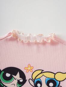 THE POWERPUFF GIRLS X SHEIN 3pcs Young Girl Cute Cartoon Print Lettuce Trim Long Sleeve T-Shirt, Casual Everyday Wear, Spring/Autumn - White - View 9