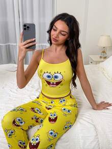 SpongeBob SquarePants | SHEIN Women Cartoon Pattern Camisole Top And Long Pants Pajama Set