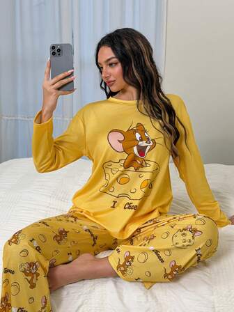 TOM & JERRY X SHEIN 女士卡通图案圆领长袖上衣和裤子睡衣套装，秋冬服装