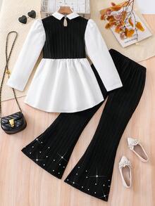 两件套少女休闲条纹长袖衬衫搭配弹力喇叭裤套装，适合秋冬季穿着 - 黑色 - 查看 2