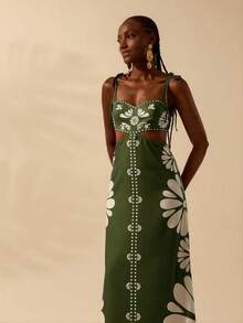 CAJUNI 女士波西米亚热带橙色印花无袖系带露脐连衣裙，休闲沙滩度假夏季连衣裙 - 綠色 - 查看 6