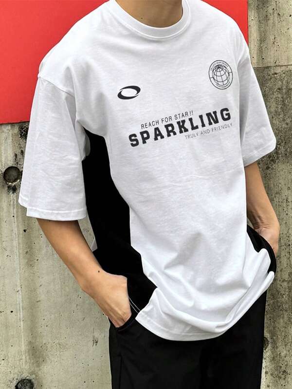 DAZY Men's Patchwork Contrast Color Letter Print Black & White T-Shirt, Summer