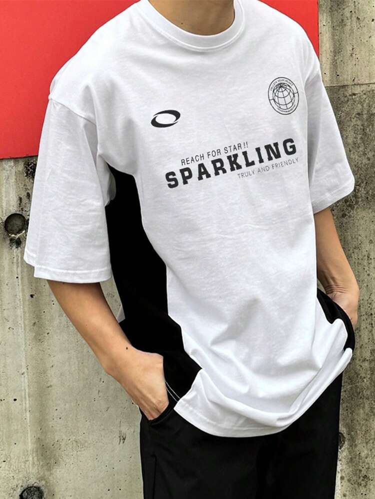 Men's Patchwork Contrast Color Letter Print Black & White T-Shirt, Summer