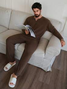 DAZY Brown T-Shirt With Men's Loungewear Set, Spring/Autumn - Coffee Brown - View 1
