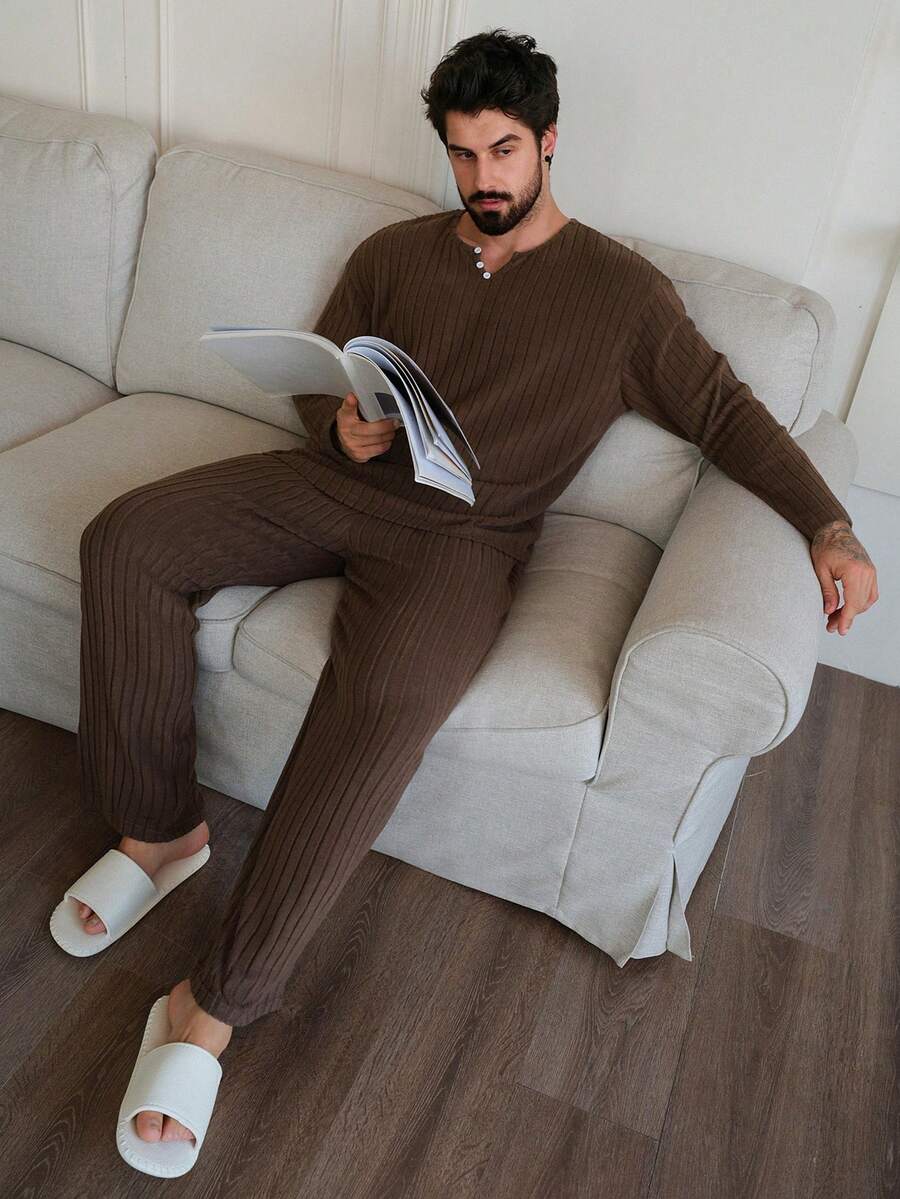 DAZY Brown T-Shirt With Men's Loungewear Set, Spring/Autumn - Coffee Brown - View 1