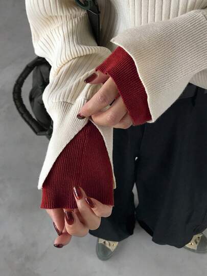 FRIFUL Women's Contrast Color Mock Neck Drop Shoulder Long Sleeve Loose Casual Pullover Sweater, Versatile For Autumn