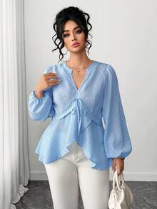 Elenzga Blue Plus Size Striped Woven Blouse Featuring Notched Neck Puff Long Sleeves And Flared Ruffle Hem For Casual Style Fall - Blue - View 4
