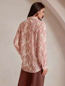 Anewsta 复古优雅树影植物叶子热带印花雪纺薄纱宽松长袖女式衬衫 - 藕粉色 - 查看 2