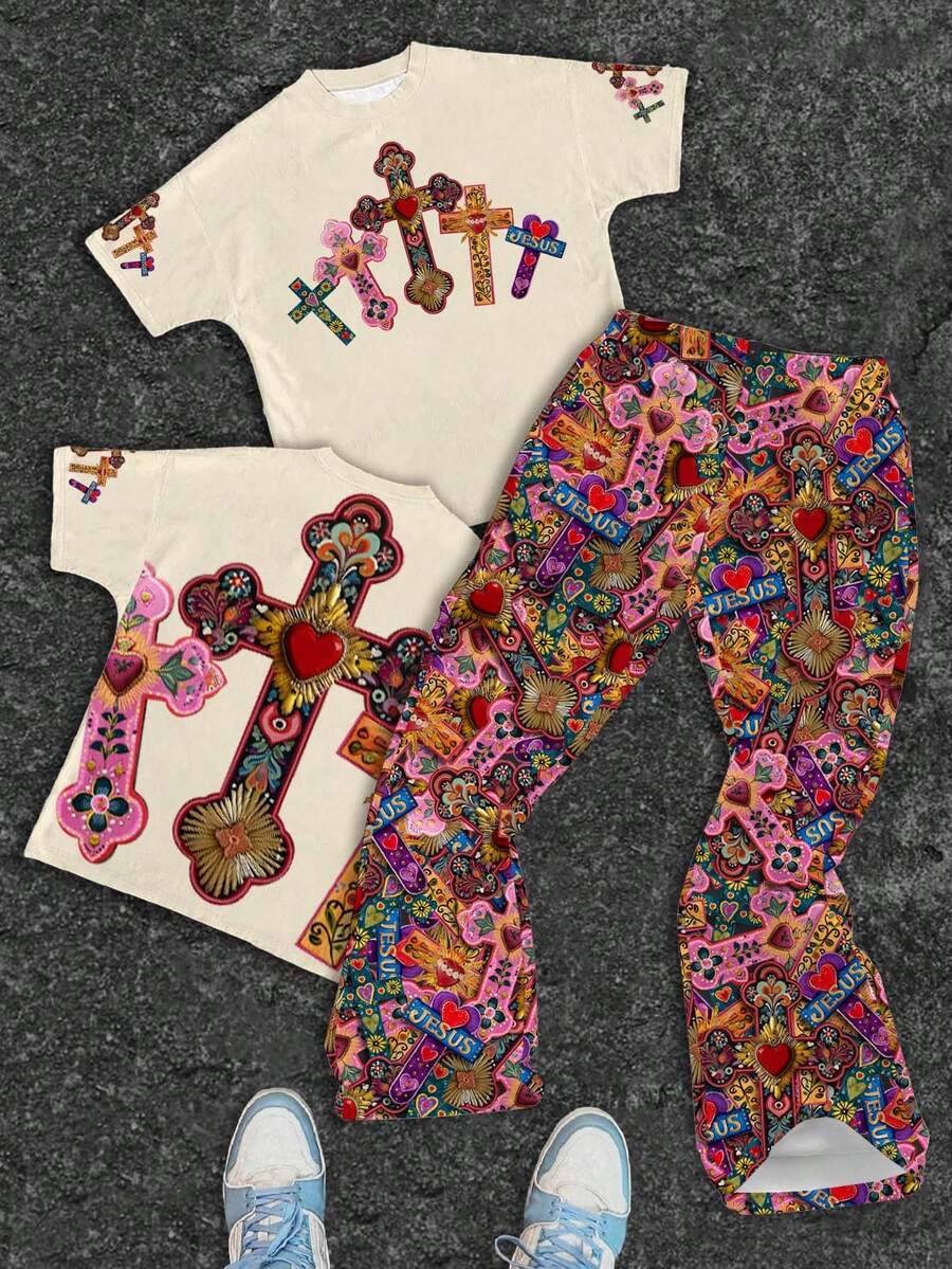 SHEIN 两件套男童圆领T恤和喇叭裤，休闲夏季套装，Y2K经典酷炫街头风印花，标志性宝石钻石十字图案 - 彩色 - 查看 1