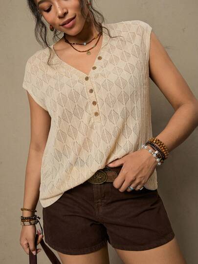 Freevana Plus Size Women Button Decor V-Neck Casual Cap Sleeve T-Shirt Casual Outing Top, Knitted Jacquard Top, Western, Country, Sporty Bohemian, Going Out Tops