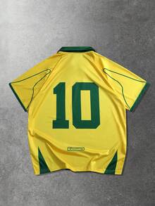 ROMWE MEN Prep Polo para hombre, camisa polo de manga corta con estampado gráfico casual deportivo de sakura y texto en inglés - Amarillo - Ver 2