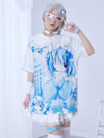 Anime Cartoon Logo Slogan Yandere Girl Basic Loose Fit Round Neck Short Sleeve T-Shirt