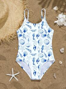 SHEIN 少女蓝色和白色海洋贝壳和海马印花连体泳衣，时尚清新，适合游泳、海滩和水疗中心穿着。