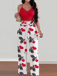 Silhoulove Set 2 Potong Wanita: Atasan Camisole Polos + Celana Panjang Lebar dengan Tali Serut Motif Bunga - Merah - View 3