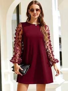 SHEIN Clasi 女士纯色简约日常蝴蝶贴花薄纱长袖连衣裙 - 酒紅色 - 查看 6