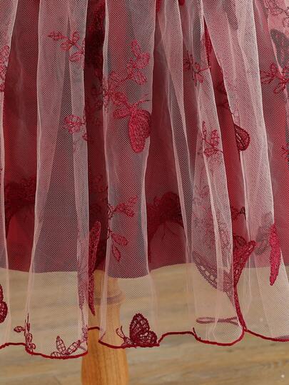 Glamorique Kids Girls' Spaghetti Strap Floral Lace Burgundy Butterfly Embroidered Mesh Dress