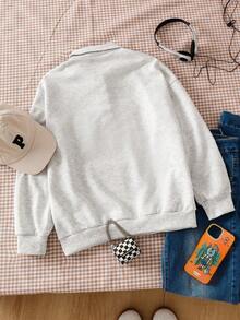 SHEIN 少女休闲街头风刺绣字母“1990”复古红色文字街头服饰Polo衫 - 灰色 - 查看 2