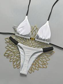 Swim Vcay Women's 2 Pieces Shell Decor Tie-Up Contrast Color Halter Bikini Set, Summer Beach Vacation - White - View 2