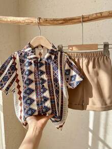 LMoss Kids 2件套男童休闲柔软复古印花衬衫和纯色短裤套装 - 彩色 - 查看 4