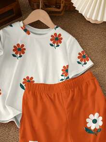 2pcs/Set Tween Girls Casual Floral Print Short Sleeve T-Shirt And Shorts Set, Loose And Comfortable, Suitable For Spring/Summer - Multicolor - View 6