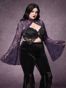 ROMWE Áo khoác cardigan ren Gothic cỡ lớn với tay áo loe, màu trắng. - Màu tím - Xem 4