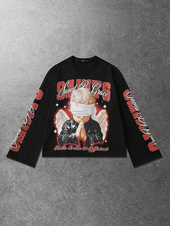 Street Life Maglietta casual da uomo oversize e ampia, con stampa grafica, girocollo, maniche lunghe, versatile