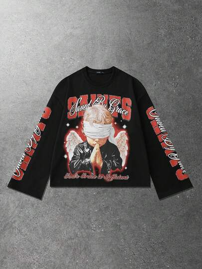 Street Life T-shirt décontracté à manches longues, col ras-du-cou, style ample et ample avec imprimé graphique pour hommes