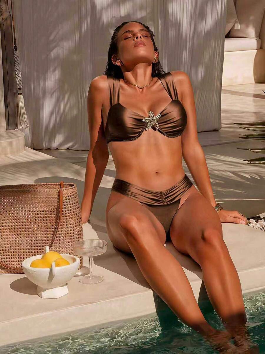 Swim Chiccia 2pcs Elegant Shiny Fabric Underwire Padded Tankini Top And Ruched Side Tie Bottoms Swimsuit Set - Coffee Brown - View 1