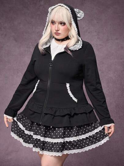 Goth Plus Size Women Casual Commuter Cute 3D Cat Ear Contrast Lace Ruffle Hem Zip Up Fitted Hoodie Sweatshirt