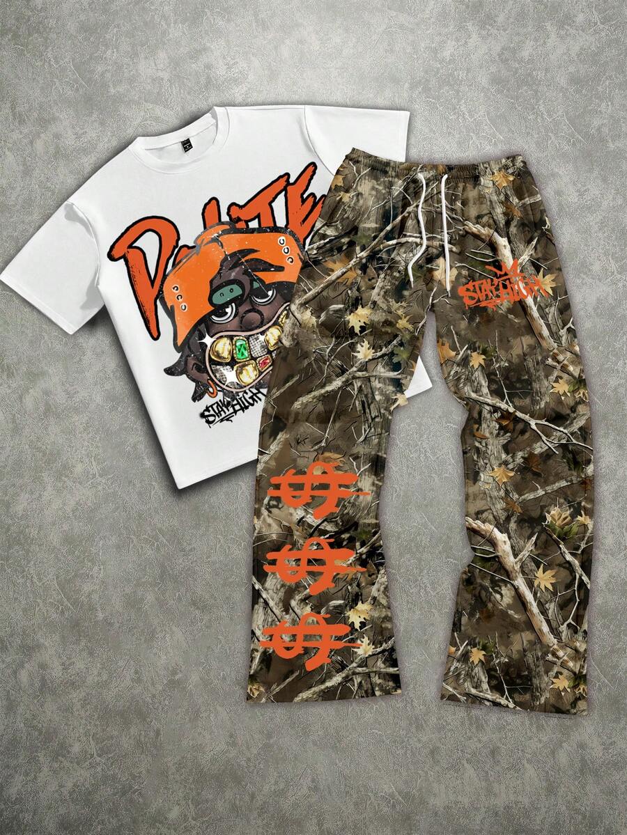 Manfinity Roghcode Oversized Street Style Camouflage, Gem, Cartoon Portrait, Face, Money Print Short Sleeve T-Shirt Set - Multicolor - View 1