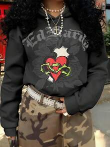 Rovax 女士休闲字母爱心印花卫衣，秋季款 - 黑色 - 查看 1