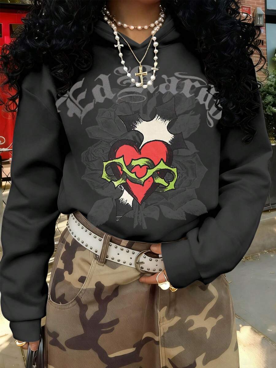 Rovax 女士休闲字母爱心印花卫衣，秋季款 - 黑色 - 查看 1