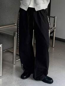 DAZY Men's Pants With Side Seam, Geometric Embroidery Pattern, Elastic Waist, Suitable For Spring And Autumn - Black - View 3