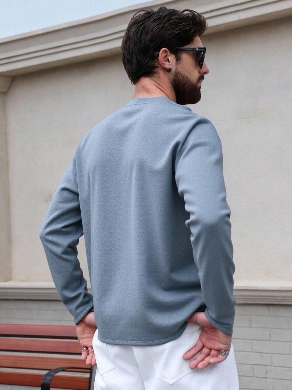 Blue Long Sleeve Casual Versatile T-Shirt For Men, Spring/Autumn