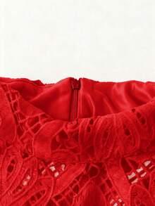 DreamSkyne Plus Size Women's Valentine's Day Lace Hollow Embroidered Elegant Floral Trim Dress - Red - View 3