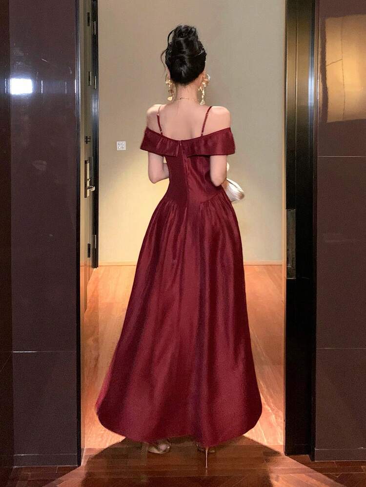 Women's Elegant Solid Color Spaghetti Strap Off-Shoulder Ruffle Hem Dress, Summer Sundress Maxi Dress Cocktail Dress