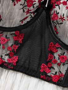 SHEIN 2pcs Plus Size Women Burgundy Floral Underwire Bra And Panty Set, Supportive Longline Bra And Shapewear