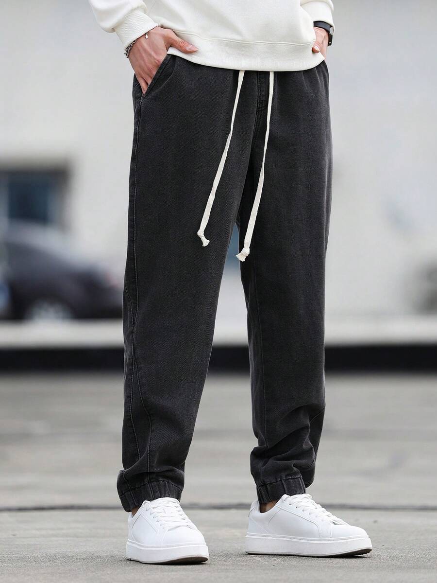 Manfinity Hypemode Quần jean jogger nam có dây rút ở eo và túi, kiểu dáng thường ngày, thích hợp đi làm. - Màu xám đen - Xem 1