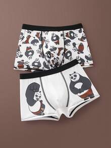 SHEIN Kung Fu Panda Tween Boy 2pcs Cute Panda Print Contrast Stitch Detail Trunks - White - View 1