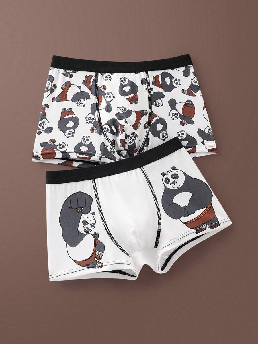 SHEIN Kung Fu Panda Tween Boy 2pcs Cute Panda Print Contrast Stitch Detail Trunks - White - View 1