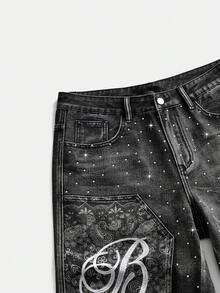 ROMWE MEN Street Life Men's Casual Printed Denim Shorts - Black - View 6