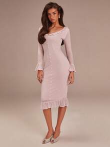 Athîral Women's Casual Pink Ruffle Hem Mid-Length Dress,Women's Casual Pink Ruffled Midi Dress, Knitted Stretch Dress, Fitted Style, Flattering, Ruffled Cuffs And Hem, Center Front Button Design,Pink  Mid-Length Dress,Valentine Clothes,Valentine's Day Outfit,Valentine Dress,Elegant Date Dress - Baby Pink - View 4