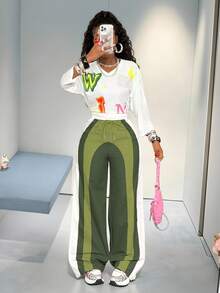 BamGleam Women's Color Block Drawstring Waist Casual Loose Wide Leg Pants