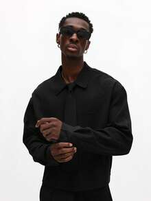 SUMWON Crop Fit Oversized Long Sleeve Button Up Shirt With Classic Collar And Relaxed Fit For Casual Fall Winter Streetwear Plain - Hitam - View 5